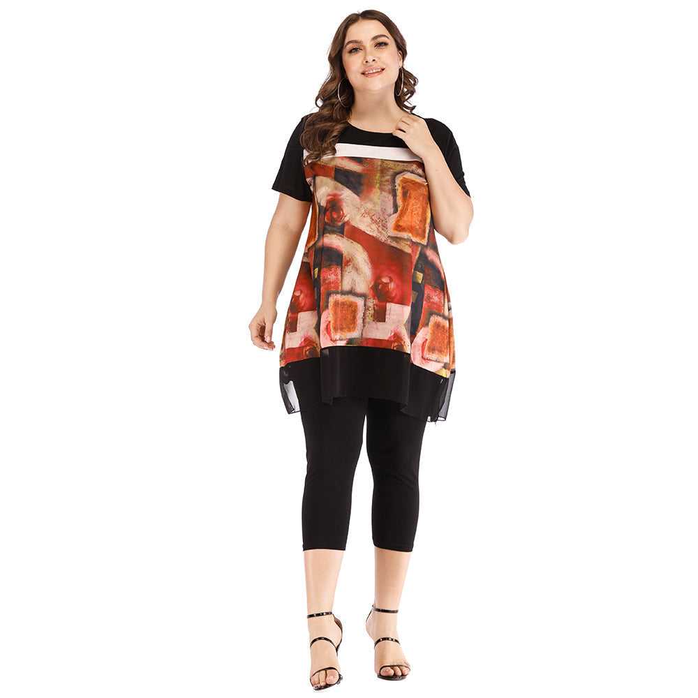 Women 2pcs Per Set nine - cent pants round collar printed patchwork casual Shirt Sai Feel