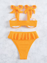 Women 2pcs Solid Color Bow Shoulder Bathing Suit Swimwear Sai Feel