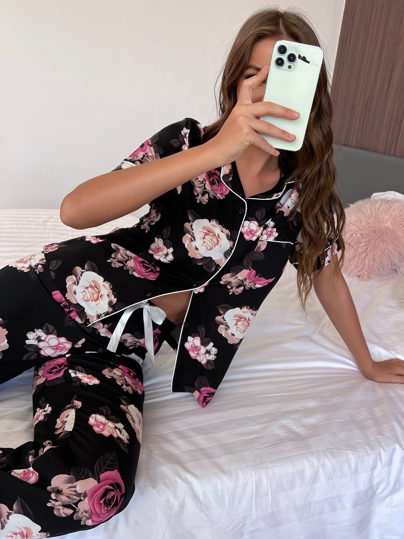Women 2pcs floral Print pajama set,Short Sleeve Shirt and Pajama Pants Sai Feel
