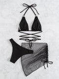 Women 3pcs Bikini Set Halter Backless Beach Bikini Tops Skirt Bottoms Bathing Suit Sai Feel
