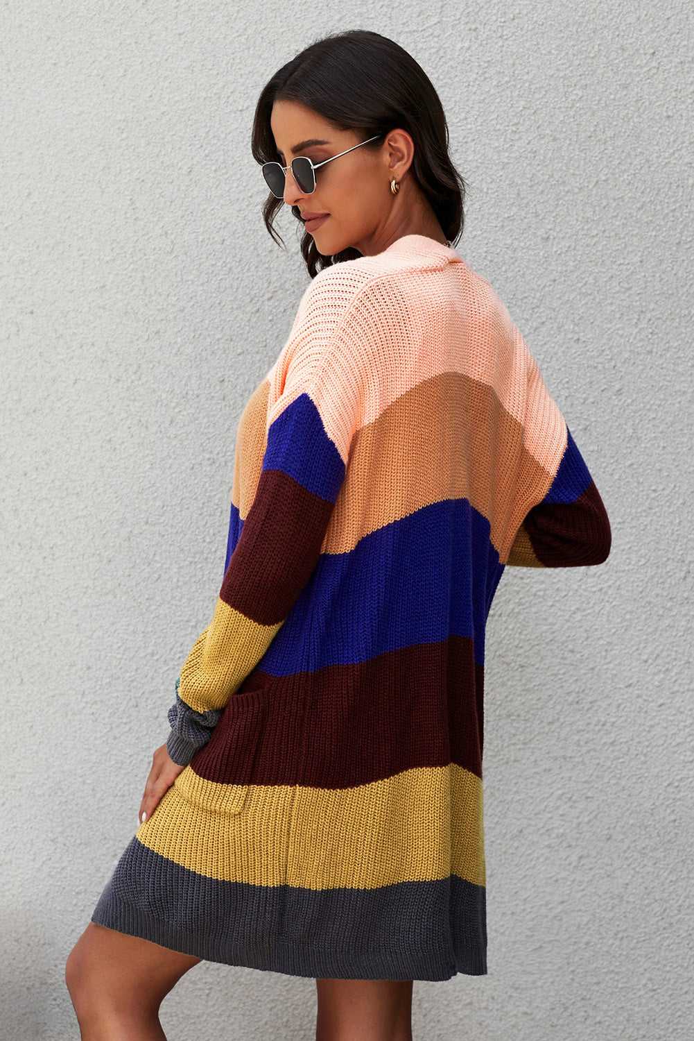 Women Boho Long Sleeve Color Block Open Front Loose Knitted Cardigan Sai Feel