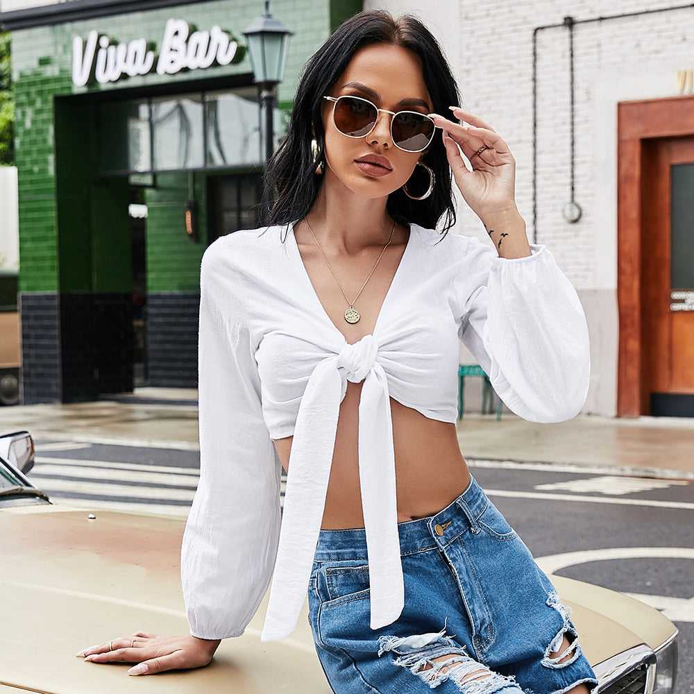 Women Boob Tube Top Short Touch Chest Lantern Bubble Sleeves Pure Color Sexy Shirt Blouse Sai Feel