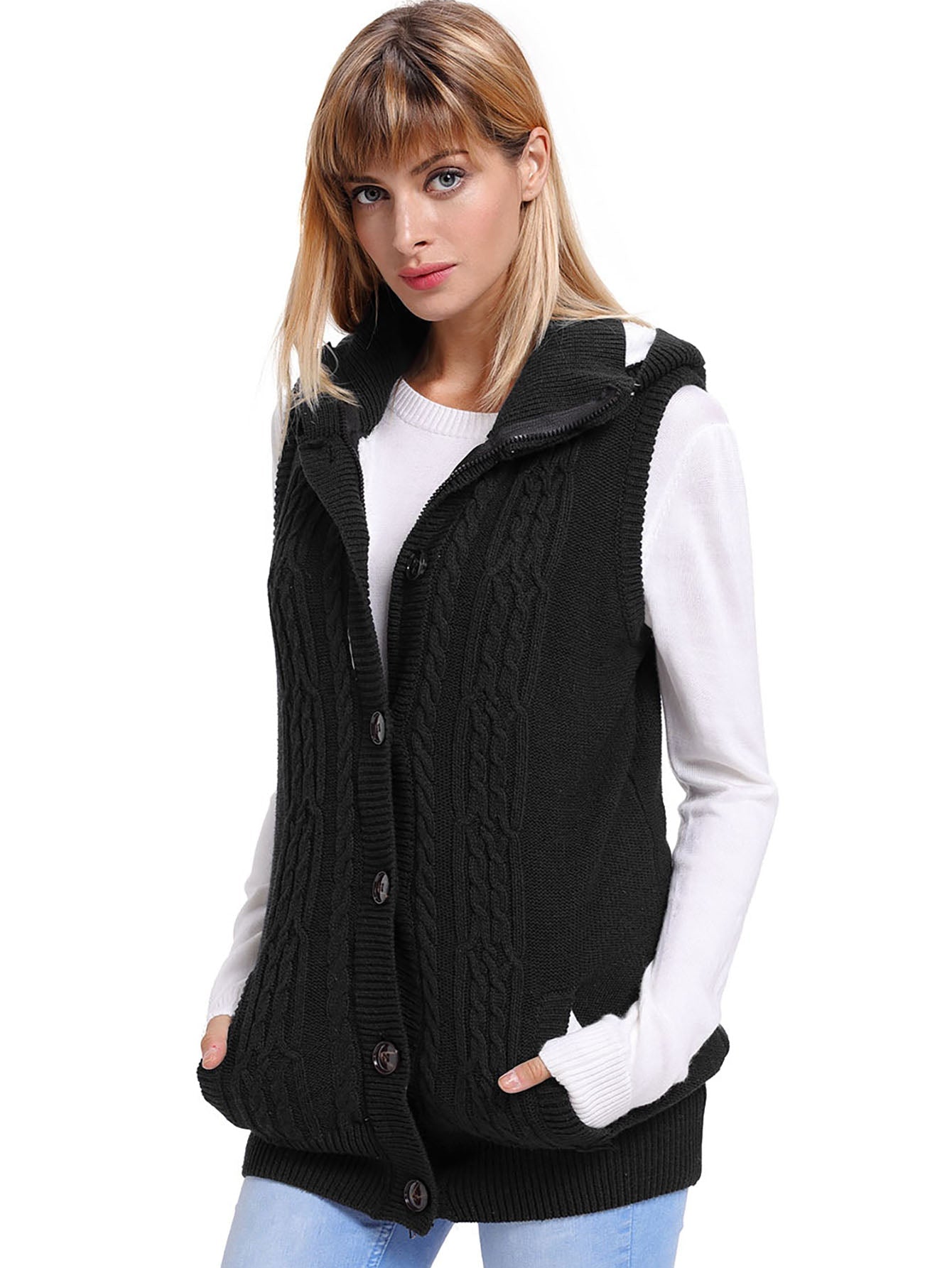 Women Cable Knit Hooded Sweater Vest Sai Feel