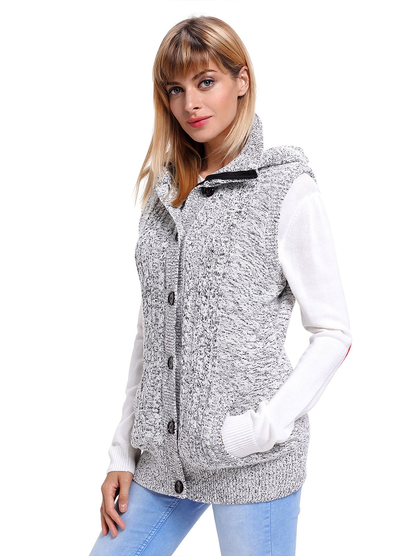 Women Cable Knit Hooded Sweater Vest Sai Feel