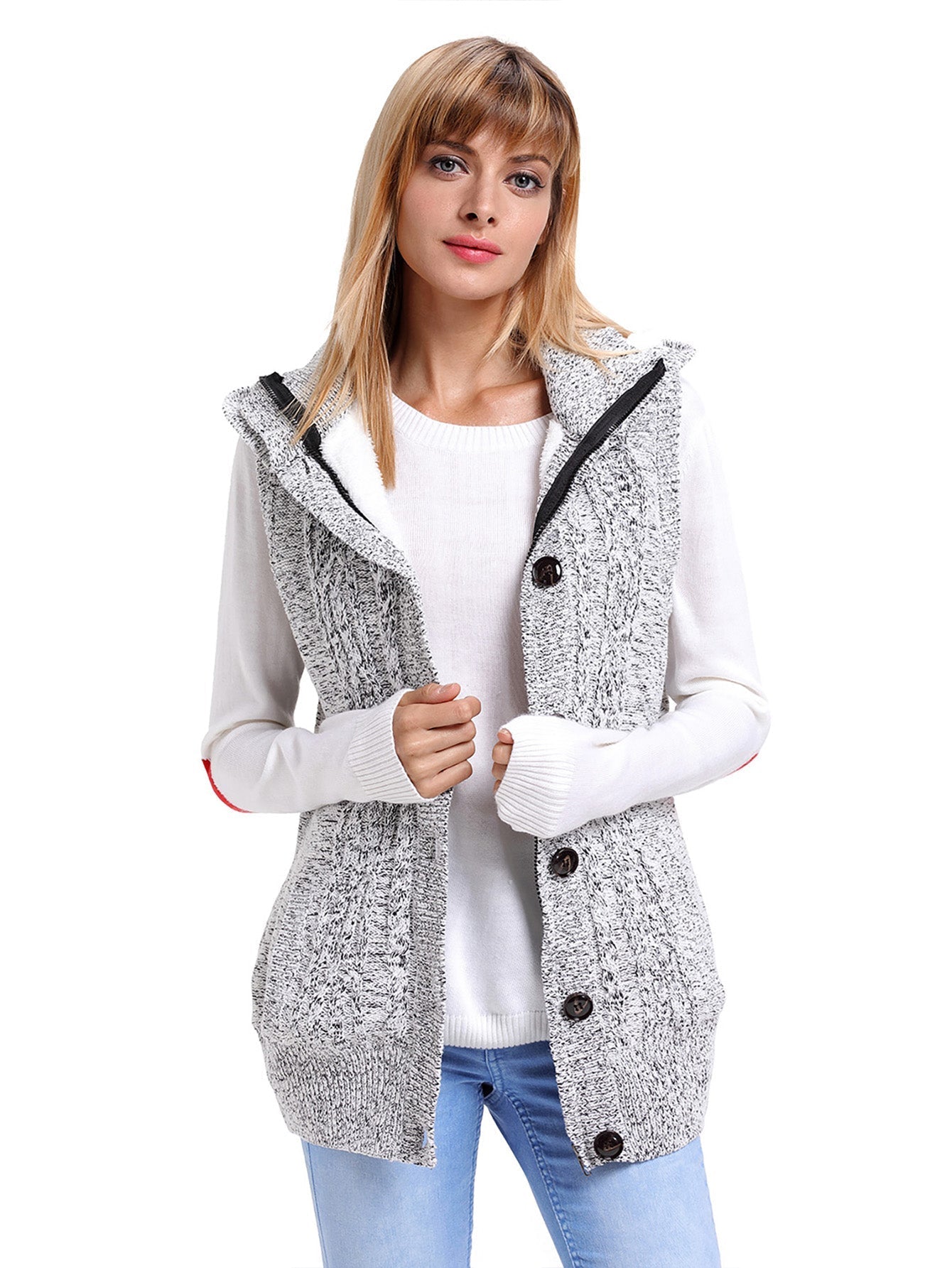 Women Cable Knit Hooded Sweater Vest Sai Feel