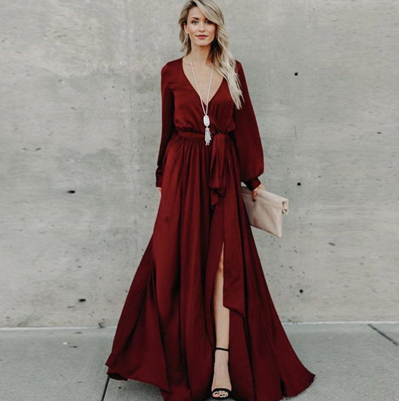 Women Casual Long Sleeve V Neck Slit hem Maxi Dress Belted Solid Color Ladies Elegant Long Dress Sai Feel