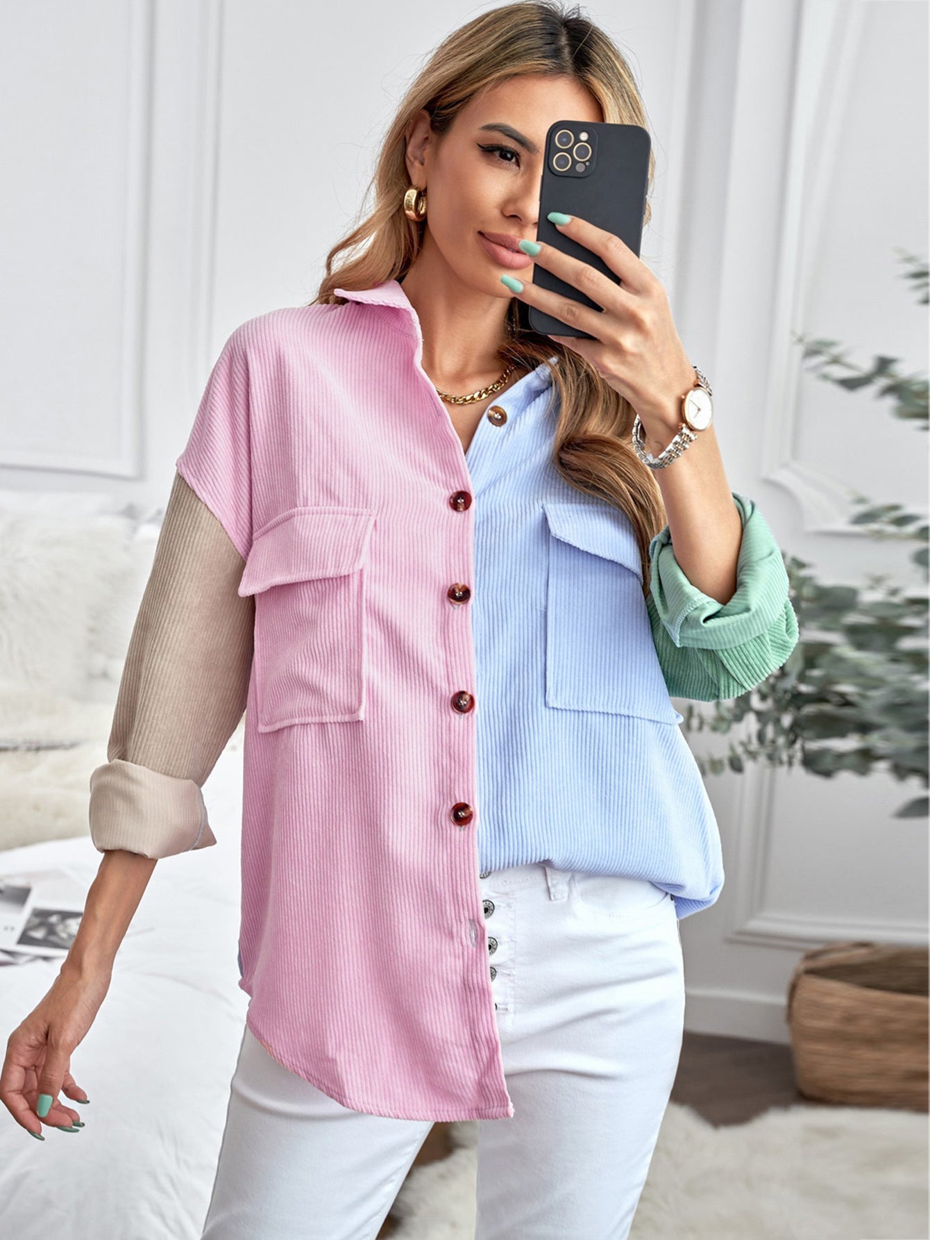 Women Constract Colorblock Sun Cotton Corduroy Button Shacket Blouse Sai Feel