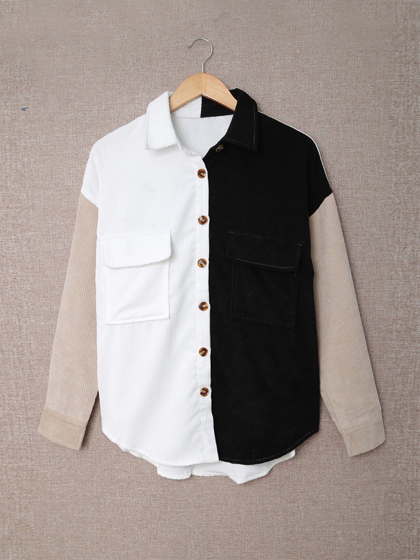 Women Constract Colorblock Sun Cotton Corduroy Button Shacket Blouse Sai Feel
