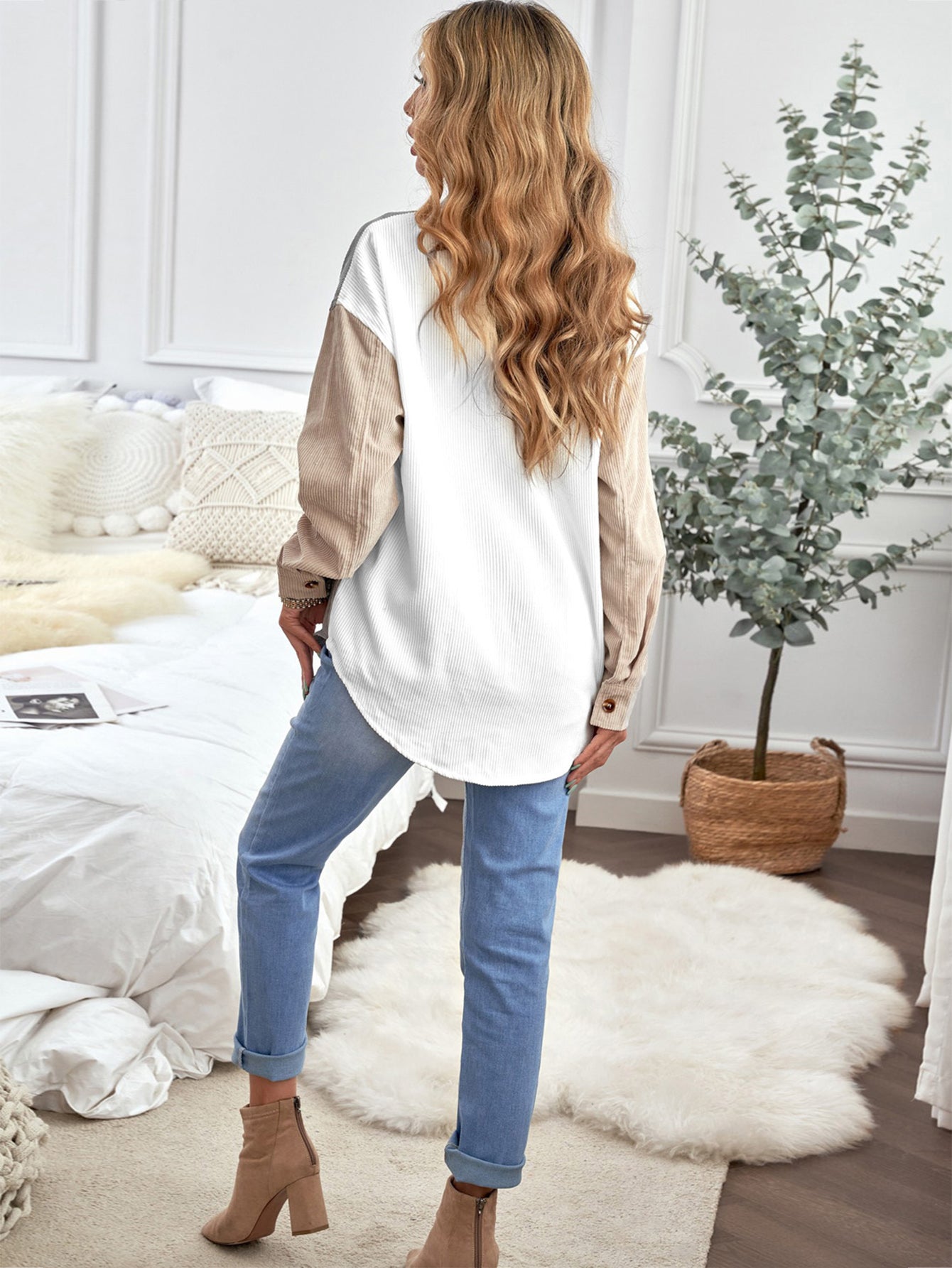 Women Constract Colorblock Sun Cotton Corduroy Button Shacket Blouse Sai Feel