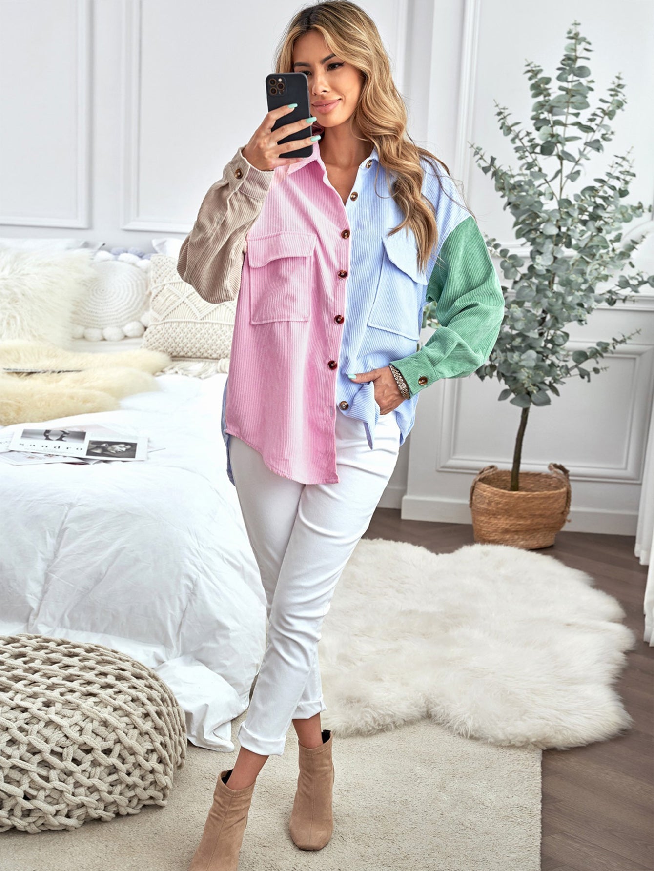 Women Constract Colorblock Sun Cotton Corduroy Button Shacket Blouse Sai Feel