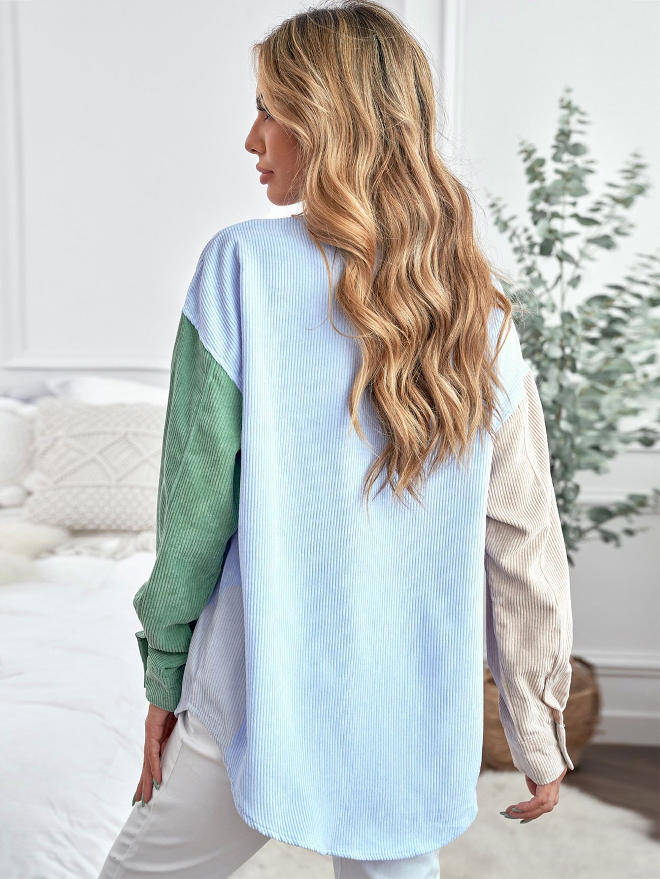Women Constract Colorblock Sun Cotton Corduroy Button Shacket Blouse Sai Feel