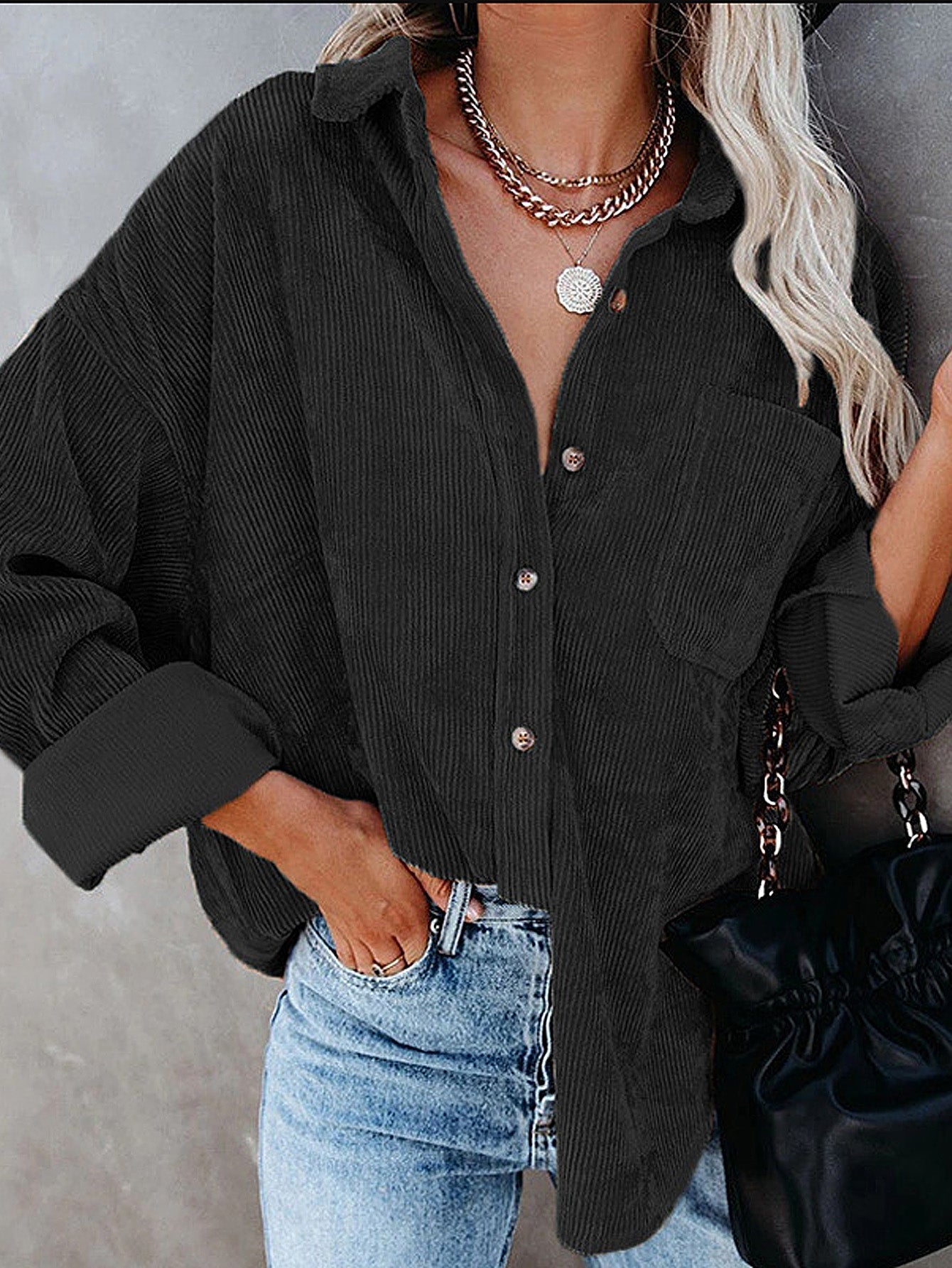 Women Corduroy Shirt Tops Blouse Loose Long Sleeve Jacket Outerwear Sai Feel