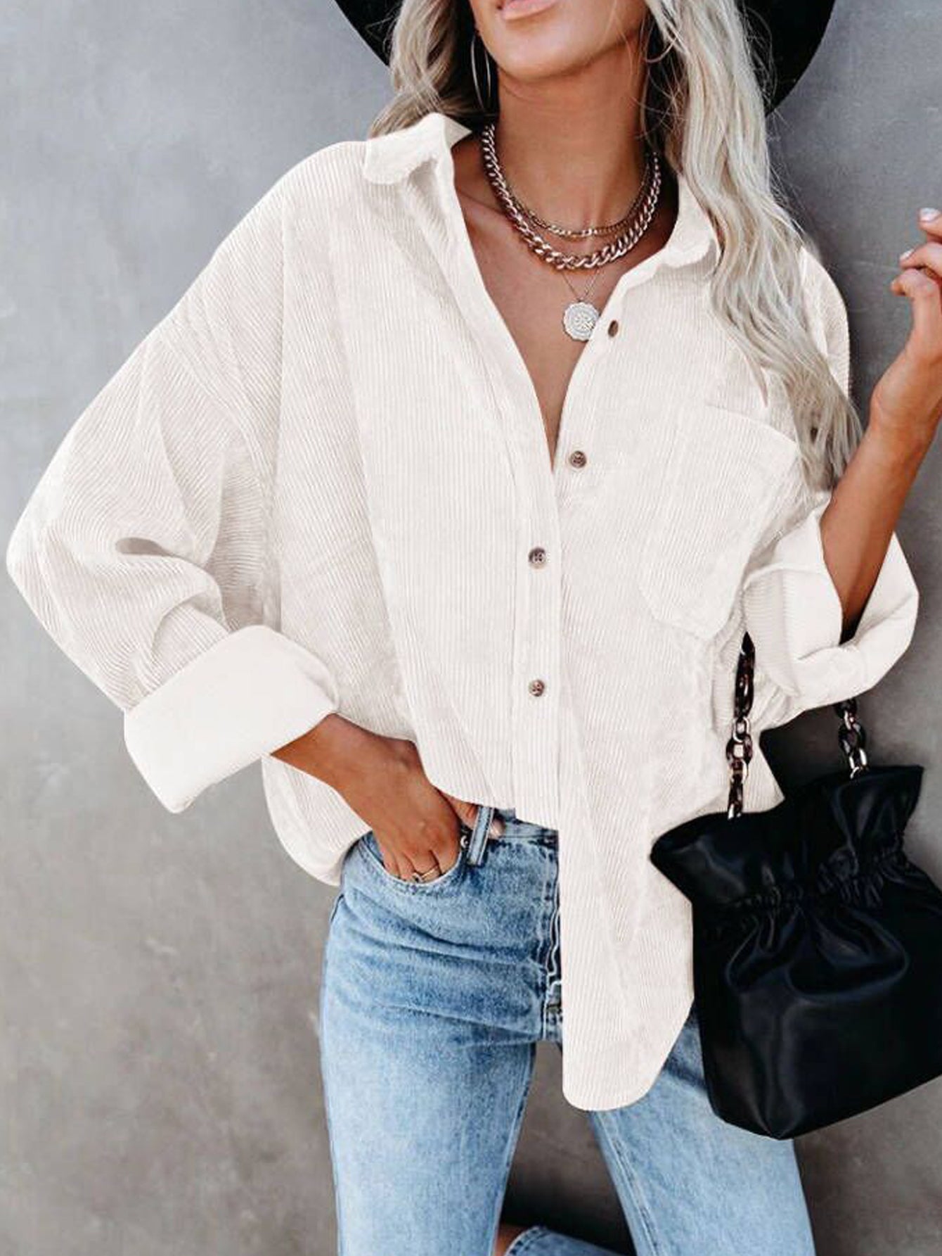 Women Corduroy Shirt Tops Blouse Loose Long Sleeve Jacket Outerwear Sai Feel