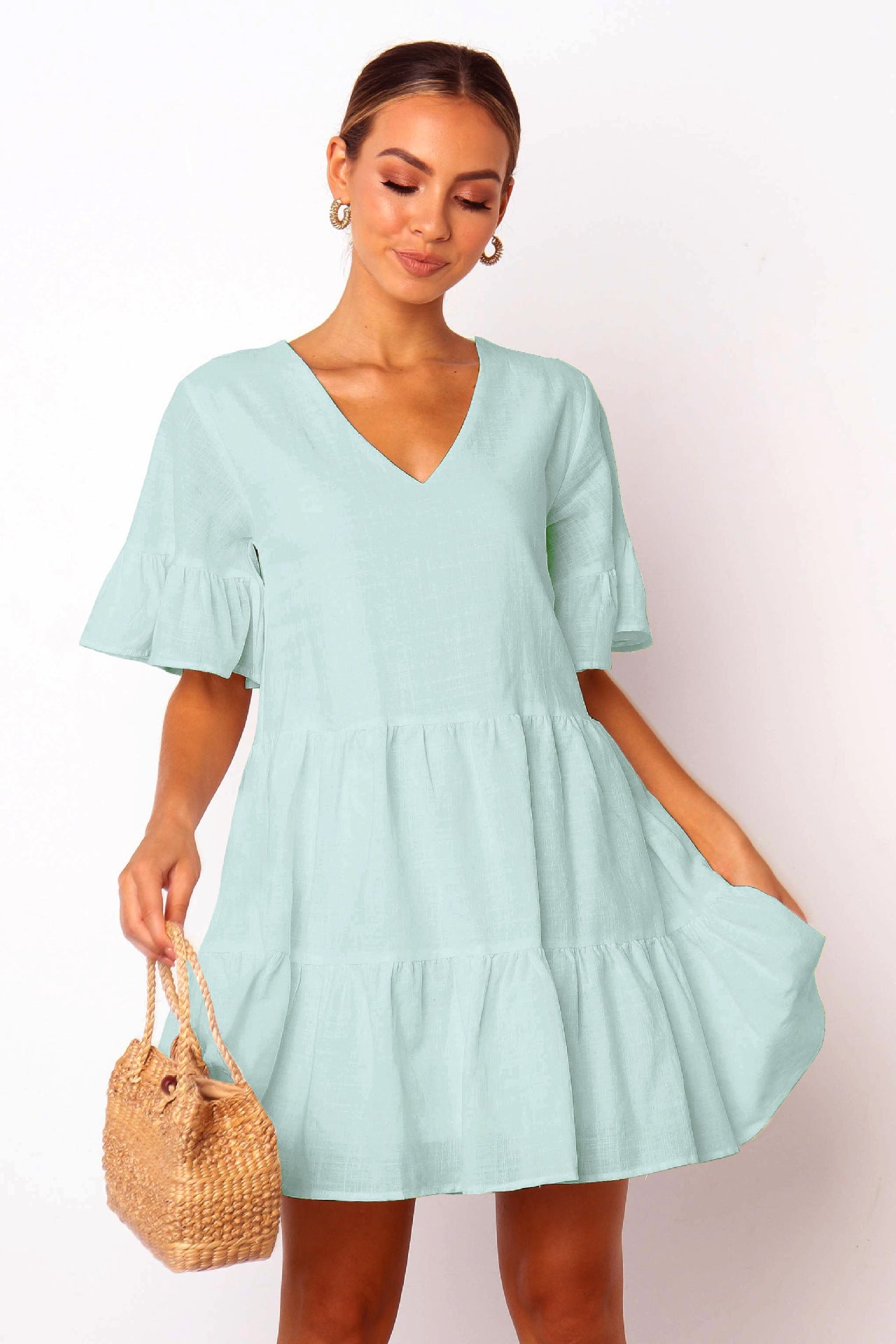 Women Cotton V Neck  Ruffled Solid Dress Loose Short Sleeves Sweet Midi Dress Sai Feel