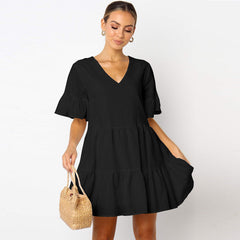 Women Cotton V Neck  Ruffled Solid Dress Loose Short Sleeves Sweet Midi Dress Sai Feel