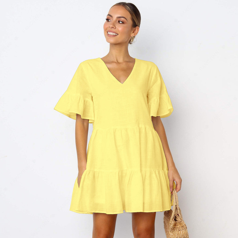 Women Cotton V Neck  Ruffled Solid Dress Loose Short Sleeves Sweet Midi Dress Sai Feel