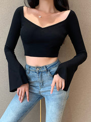 Women Deep V Neck Flare Sleeve Crop Ribbed Top Sai Feel