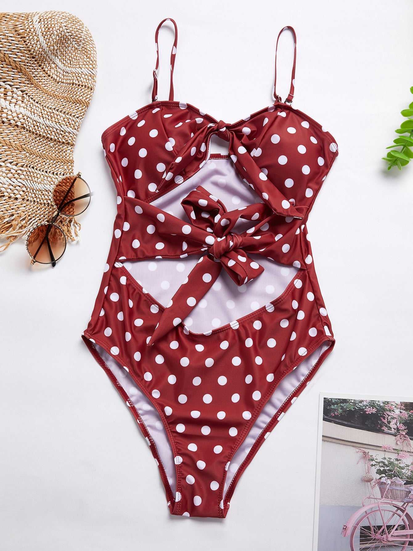 Women Dot Printed Elastic Swimwear High Monokini Bodysuit Bathing Suit Bather Beachwear Sai Feel