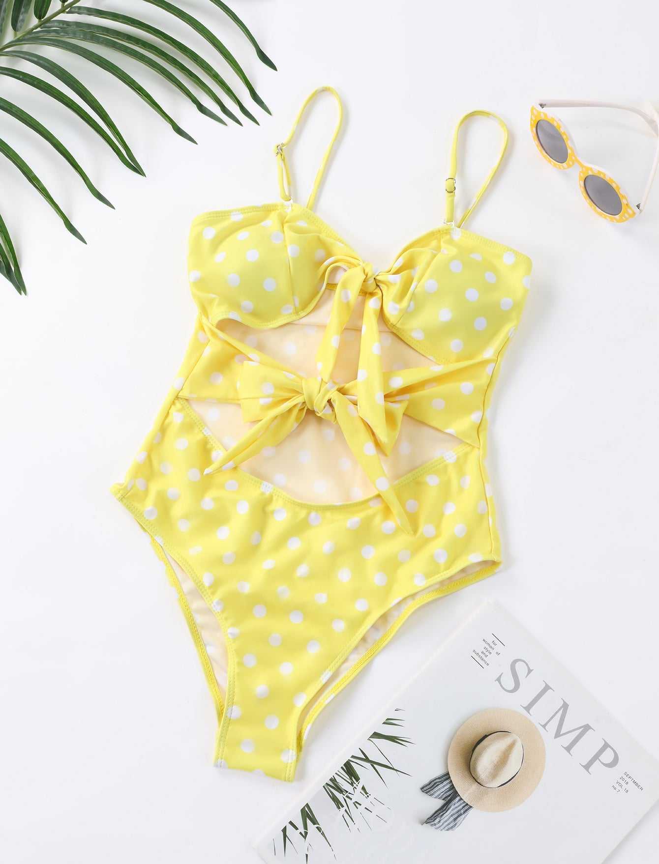 Women Dot Printed Elastic Swimwear High Monokini Bodysuit Bathing Suit Bather Beachwear Sai Feel