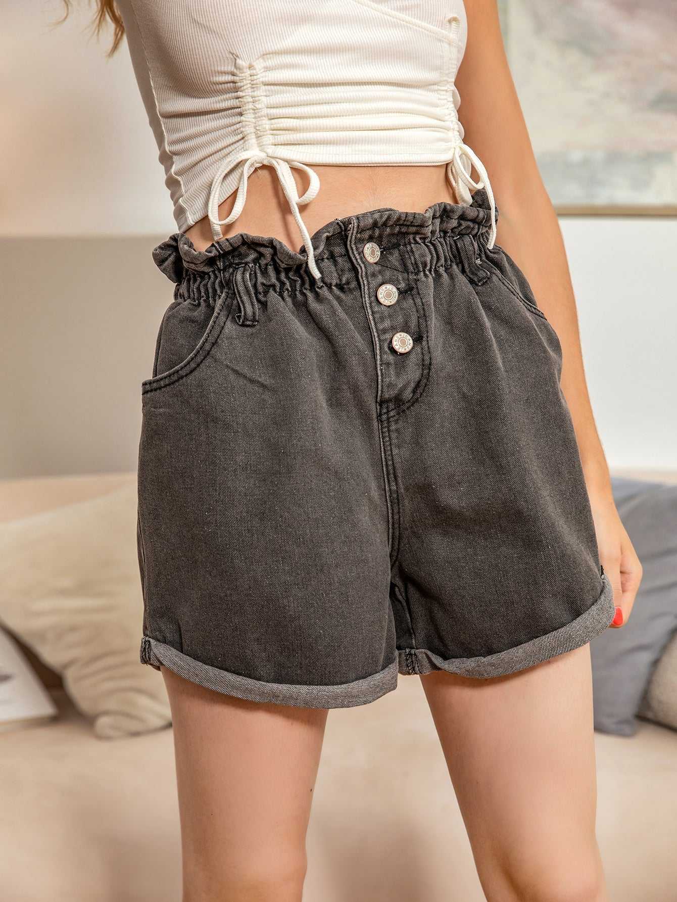 Women Elastic Waist Front Button Casual Denim Hot Shorts Street Style High Waist Jeans Shorts Sai Feel