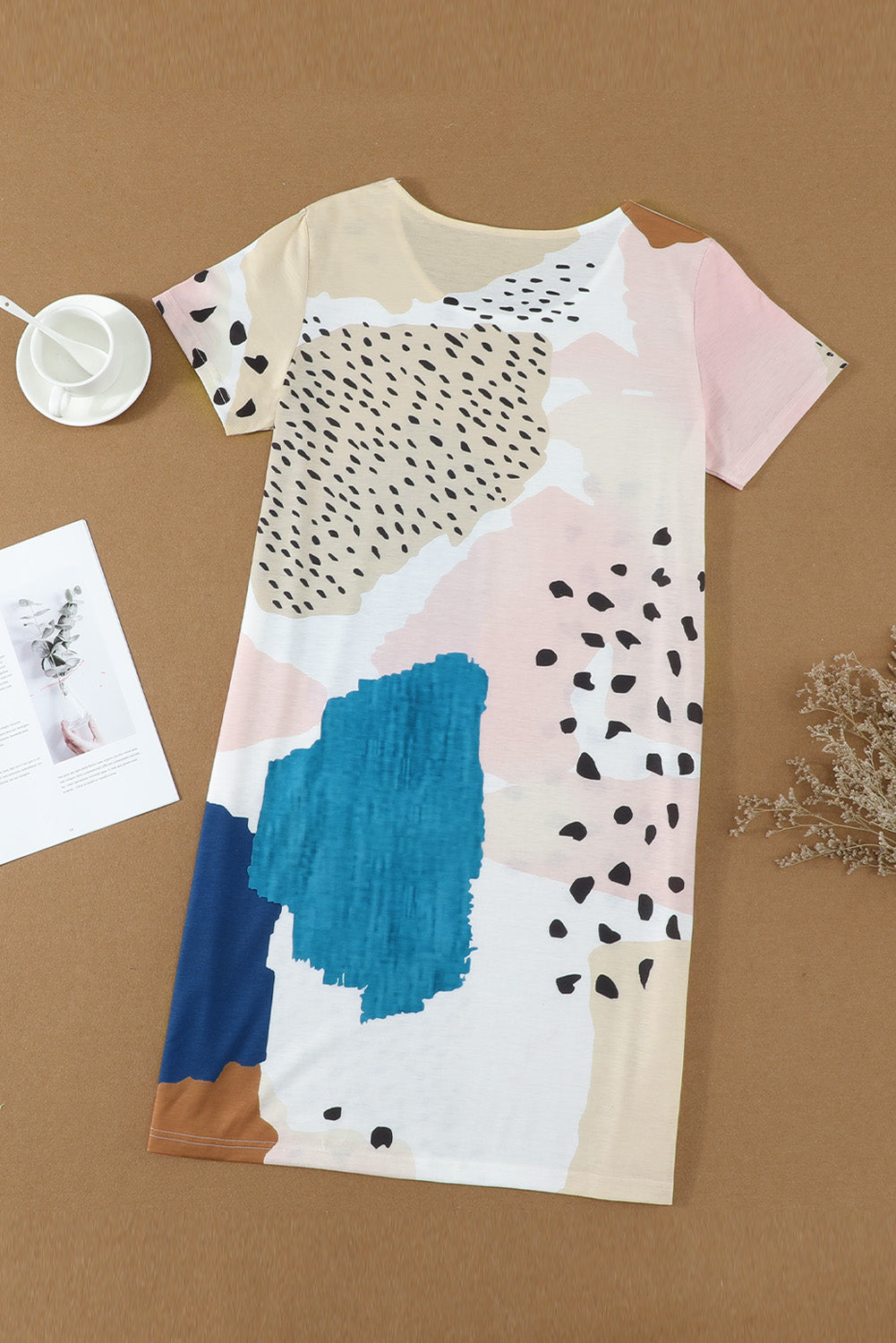 Women Fashion Crewneck Short Sleeve Casual Loose Leopard Splicing Color Block Mini Dress Sai Feel