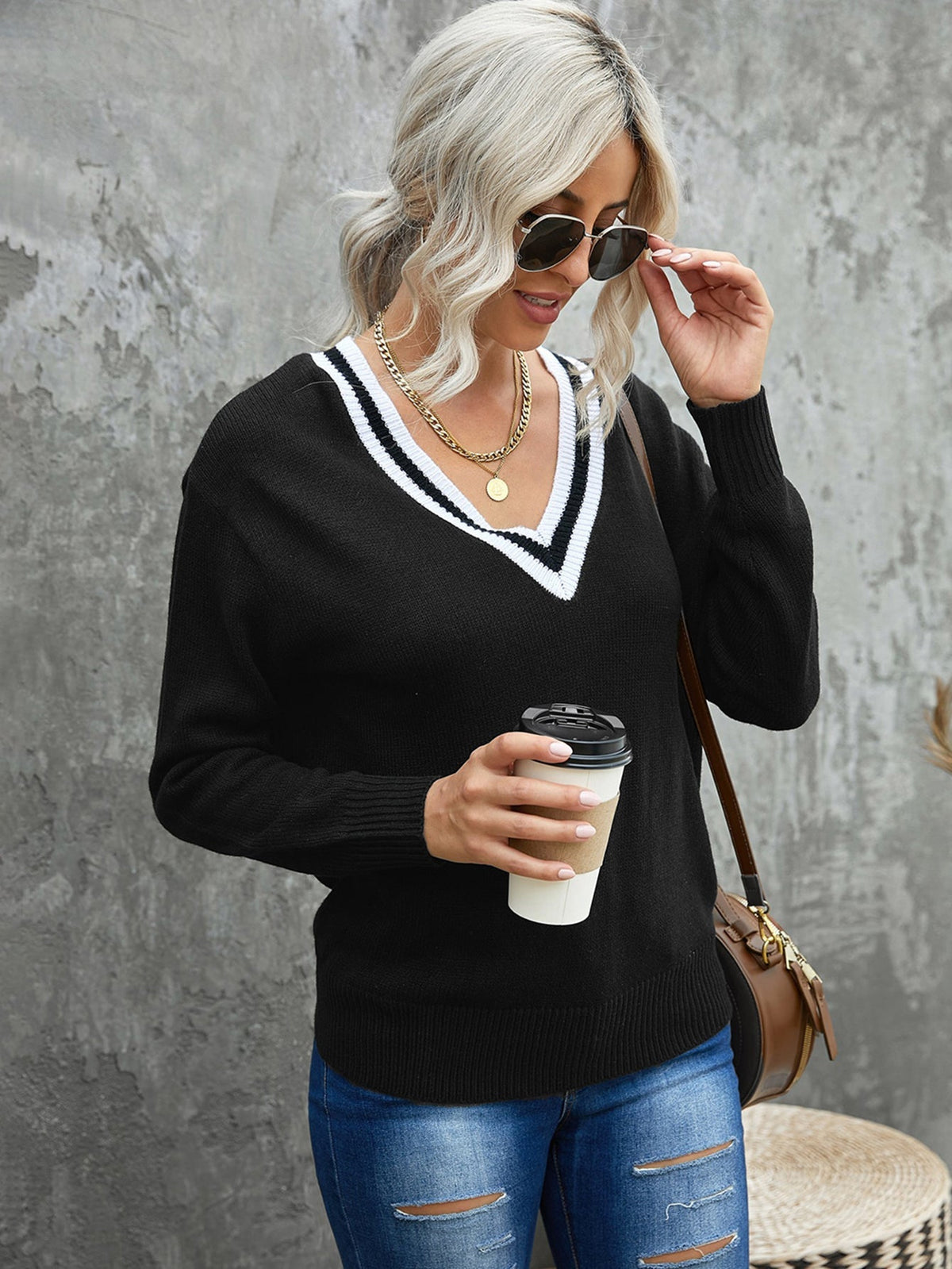 Women Fashion Deep V knitted sweater Sai Feel