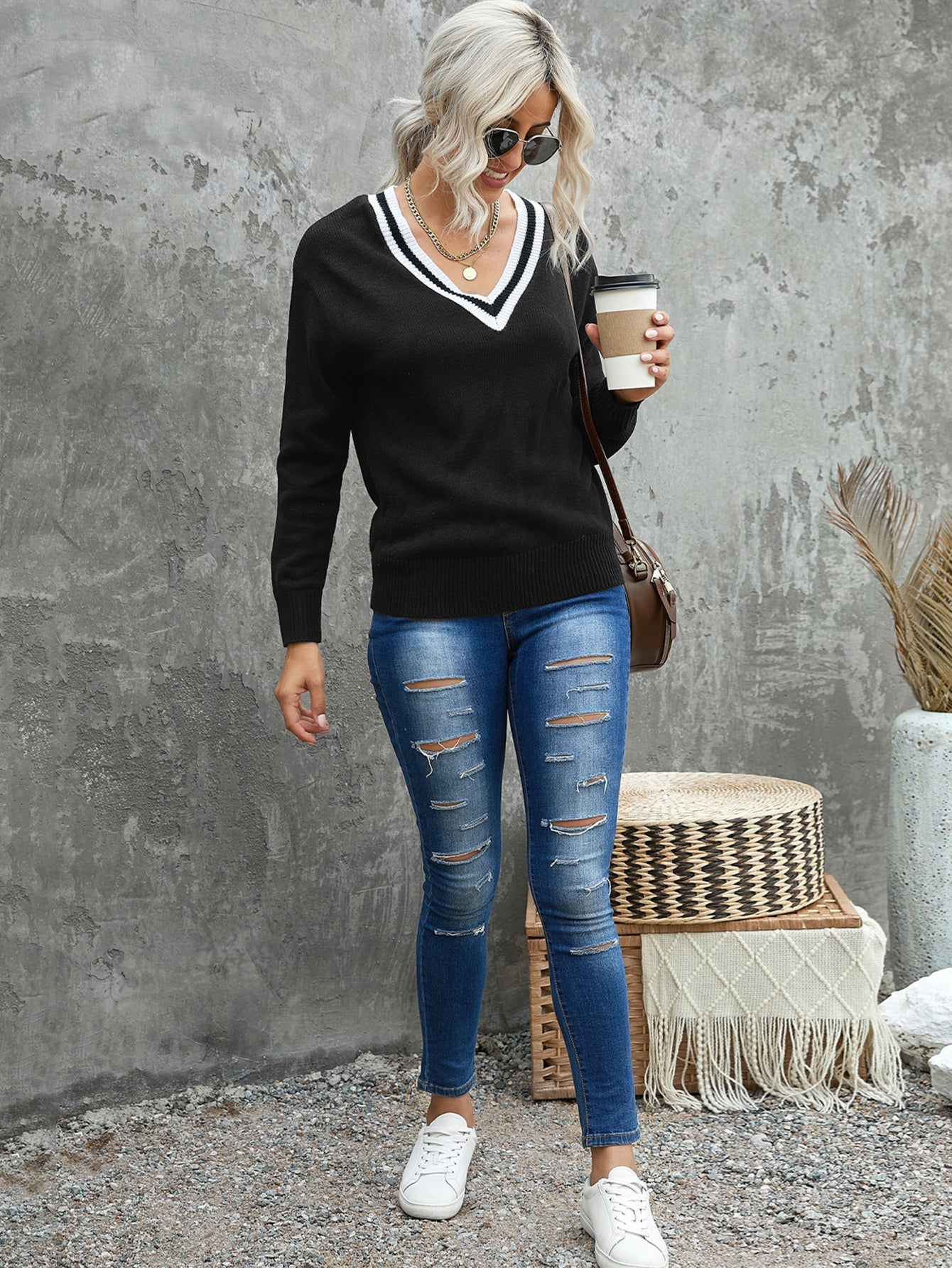 Women Fashion Deep V knitted sweater Sai Feel