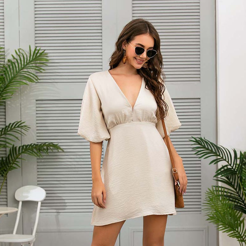 Women Fashion Deep V-neck Short lantern Sleeve solid High Waist Mini Dress Sai Feel