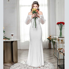 Women Fashion Evening Party solid color drop shoulder wedding Dress Sai Feel