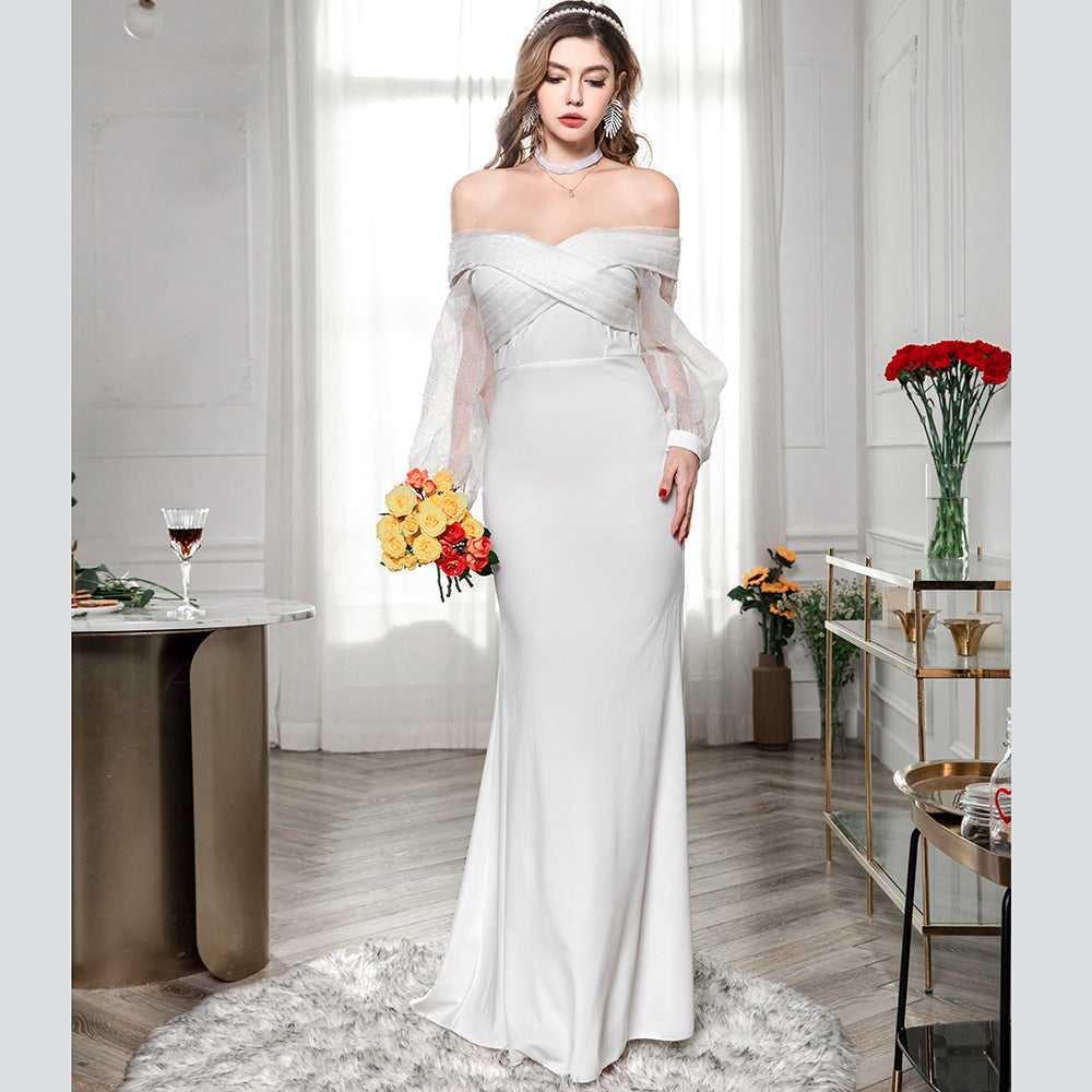 Women Fashion Evening Party solid color drop shoulder wedding Dress Sai Feel