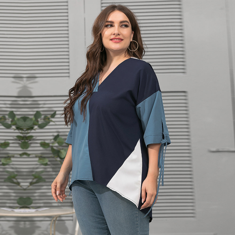 Women Fashion Geometric Contrast Color Spliced T-shirt Top Plus Size Sai Feel