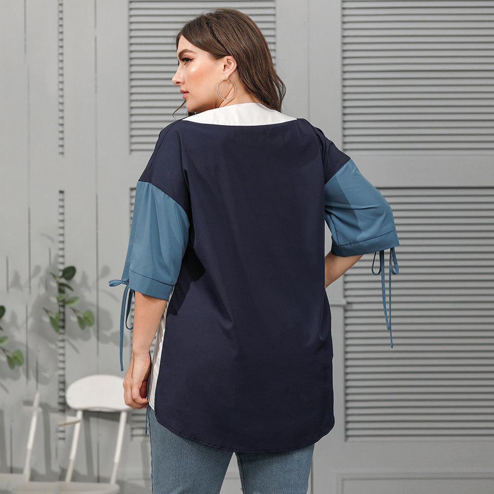 Women Fashion Geometric Contrast Color Spliced T-shirt Top Plus Size Sai Feel
