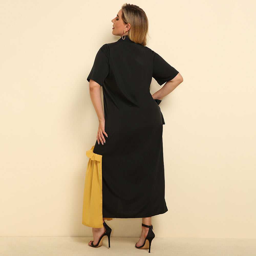 Women Fashion Lapel Matching Flounce Mid-sleeved Dress Plus Size Sai Feel