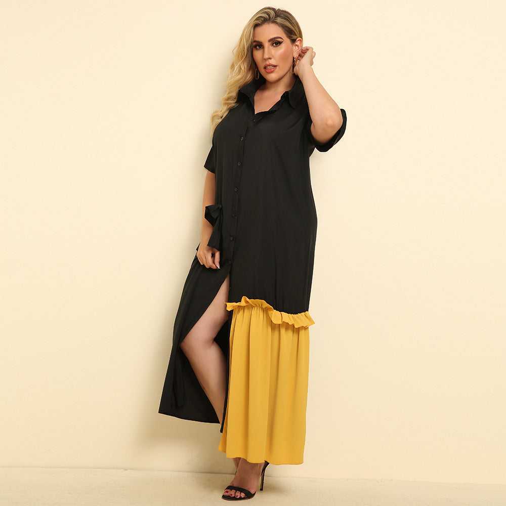 Women Fashion Lapel Matching Flounce Mid-sleeved Dress Plus Size Sai Feel