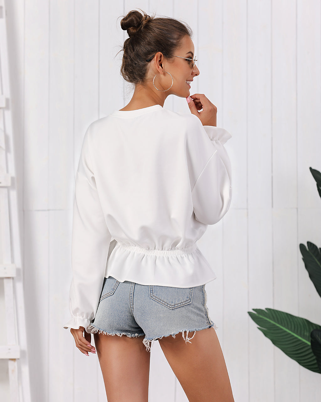 Women Fashion Long Sleeve round Collar Shirt With Belt Elastic Hem Solid Blouse Casual Loose Shirt Tops Sai Feel