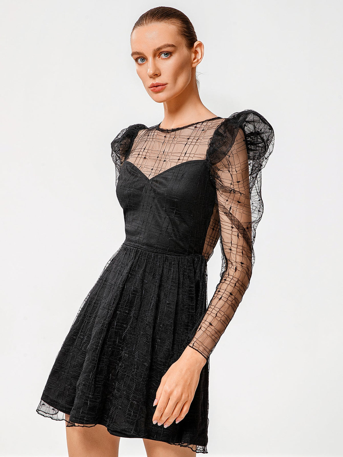 Women Fashion See Through sexy butterfly dot embroidery lace dress short skirt Gigot sleeve dress Sai Feel