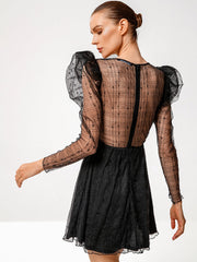 Women Fashion See Through sexy butterfly dot embroidery lace dress short skirt Gigot sleeve dress Sai Feel