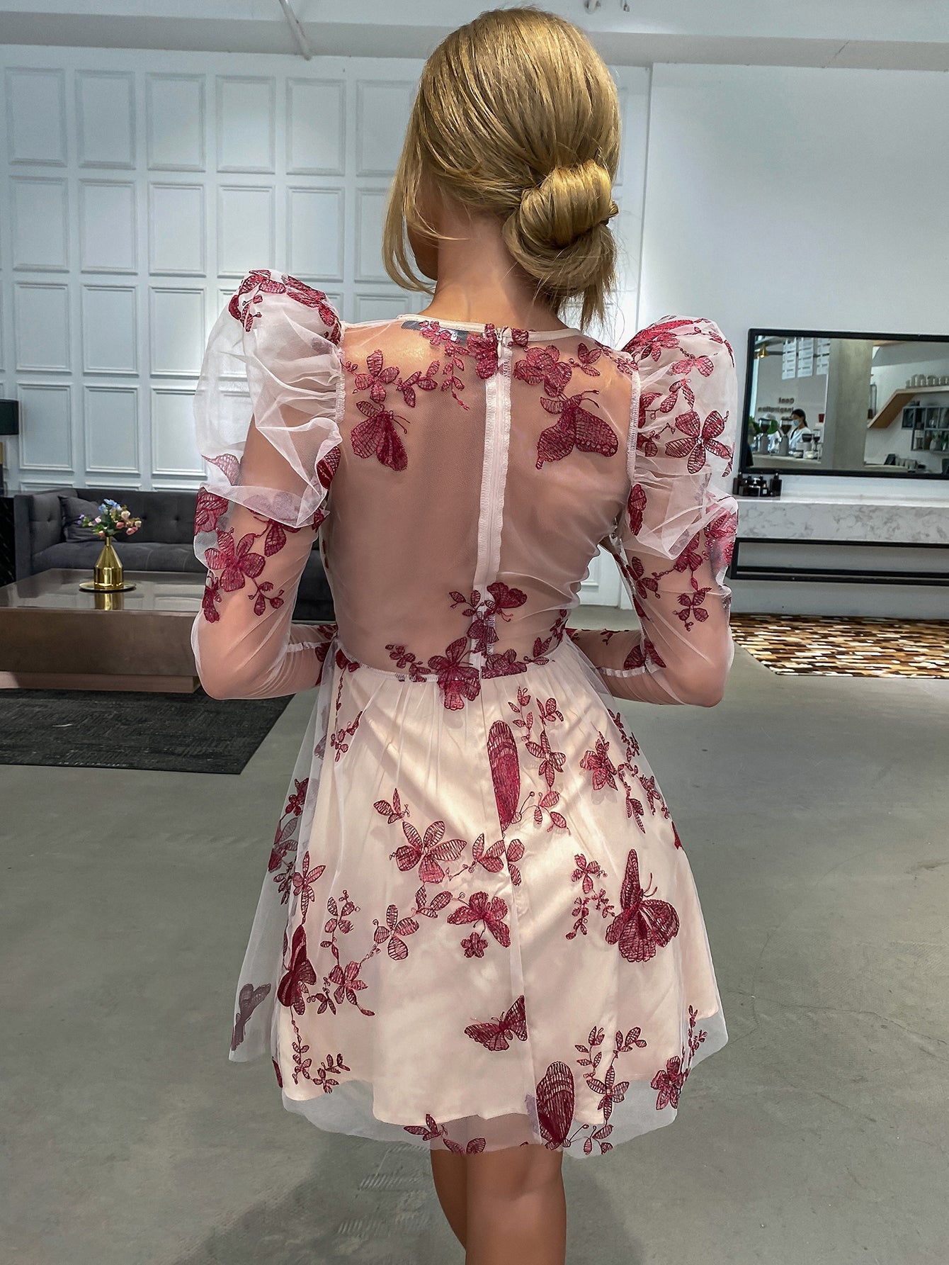 Women Fashion See Through sexy butterfly dot embroidery lace dress short skirt Gigot sleeve dress - S / Black Women Fashion See Through sexy butterfly dot embroidery lace dress short skirt Gigot sleeve dress - S / Black