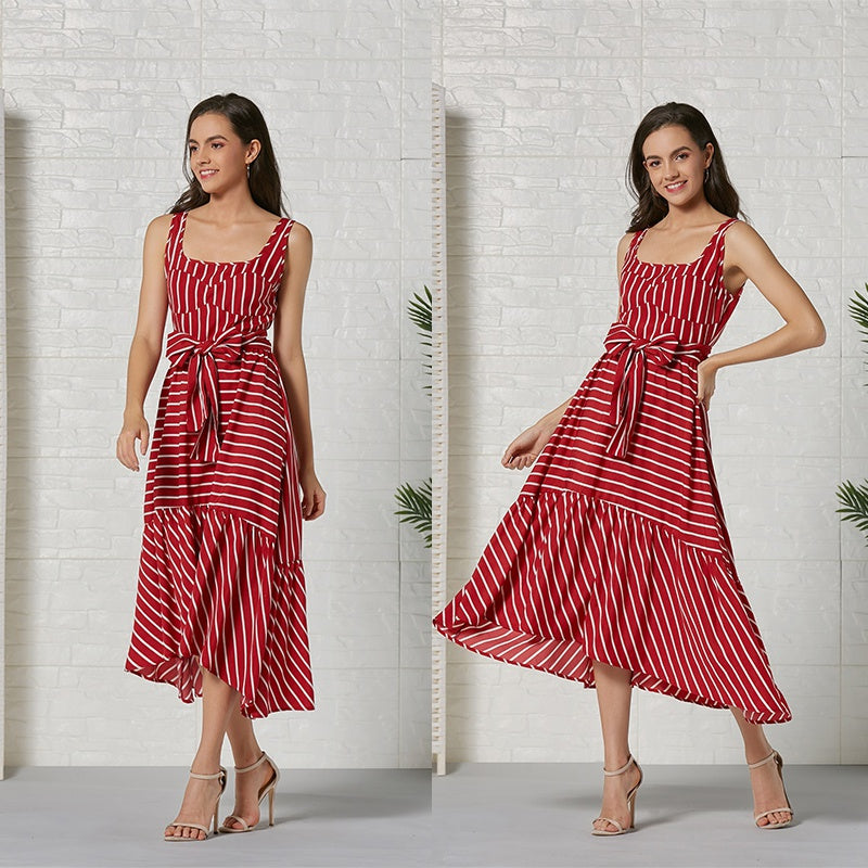 Women Fashion Sleeveless Stripe Maxi Dress Party Belt waist Casual Beach Long Dress Sai Feel