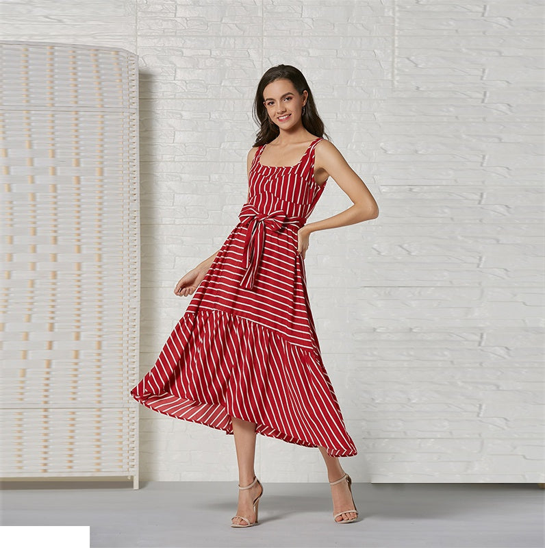 Women Fashion Sleeveless Stripe Maxi Dress Party Belt waist Casual Beach Long Dress Sai Feel