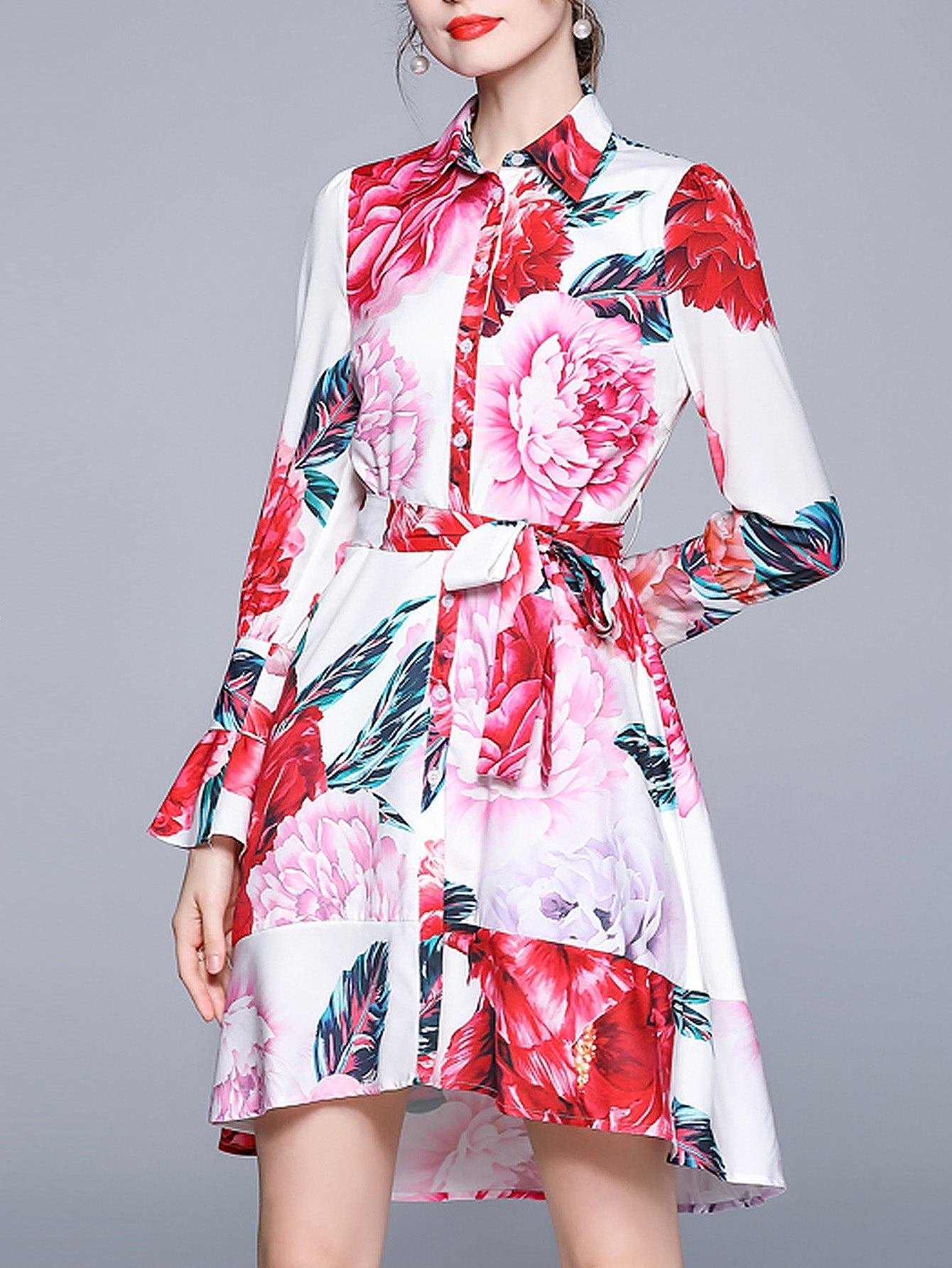 Women Flare Sleeve Floral Print Belt Waist Dress Sai Feel