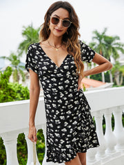 Women Floral Print Front Opening Ruffled Hem Tie waist Dress Sai Feel