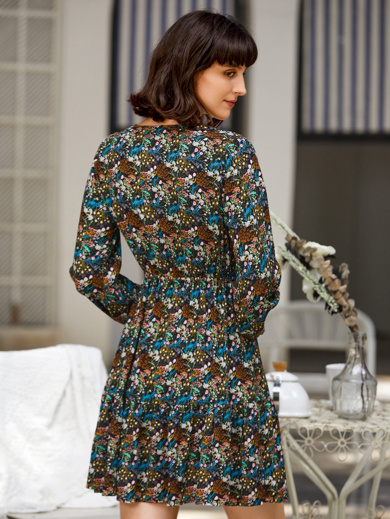 Women Floral Print Long Sleeve V Neck Front Button Opening Dress Sai Feel