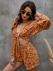 Women Floral Print Set Long Sleeve Deep V Neck Bow Front and Shorts Suit Sai Feel