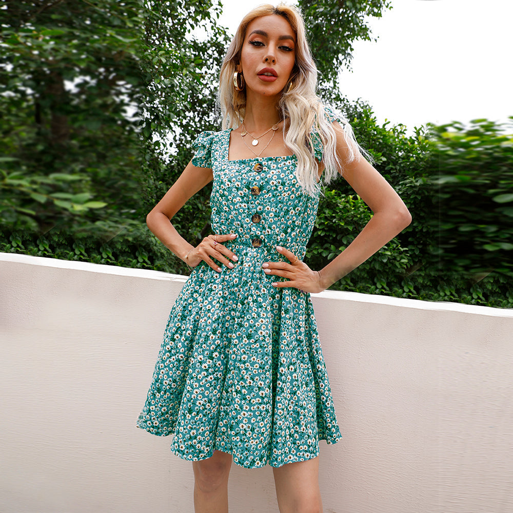 Women Flounce Sleeve Fashion Square Collar Waist Slim Floral Pleated Dress Sai Feel