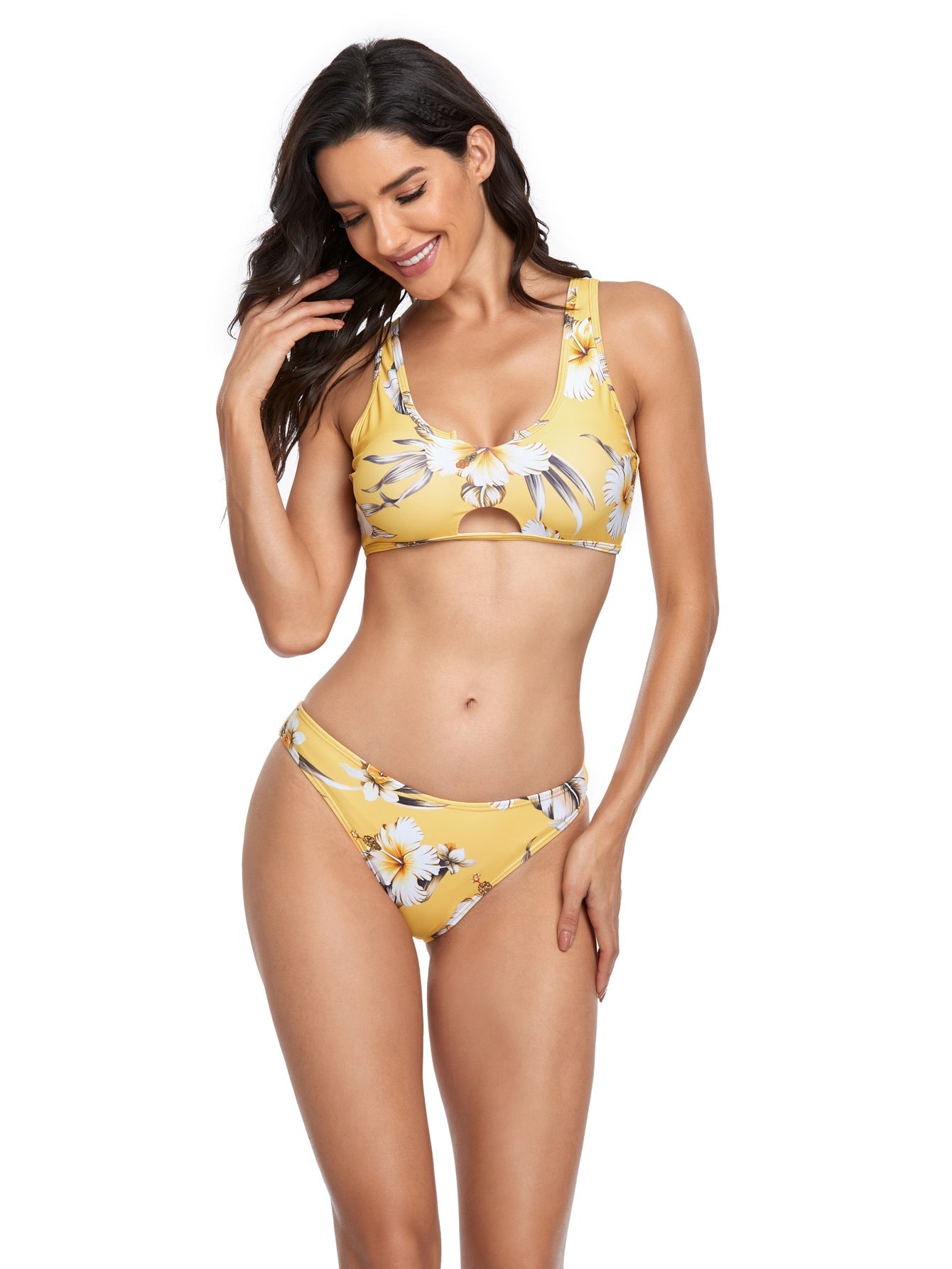 Women Front Hollow Out Print 2pcs Swimsuit Sai Feel