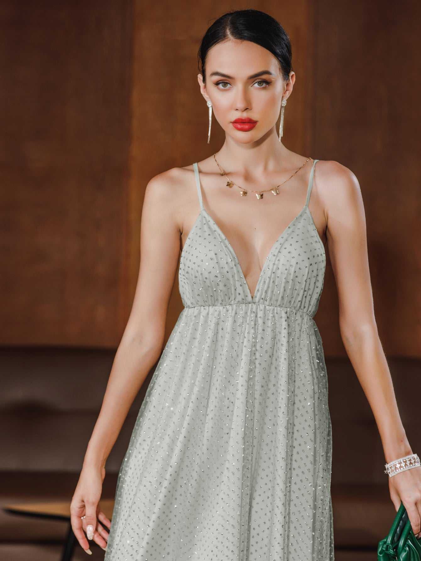 Women Glitter Sleeveless Halter V Neck Party Wedding Dress Sai Feel