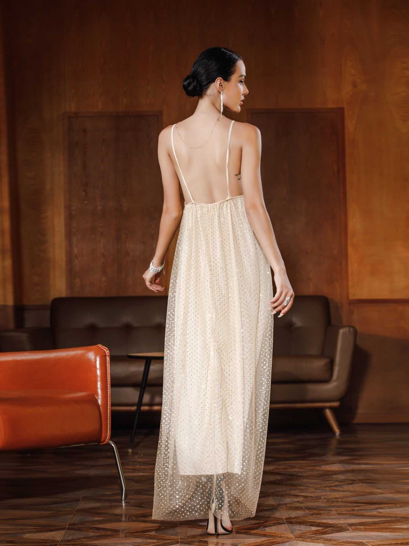 Women Glitter Sleeveless Halter V Neck Party Wedding Dress Sai Feel