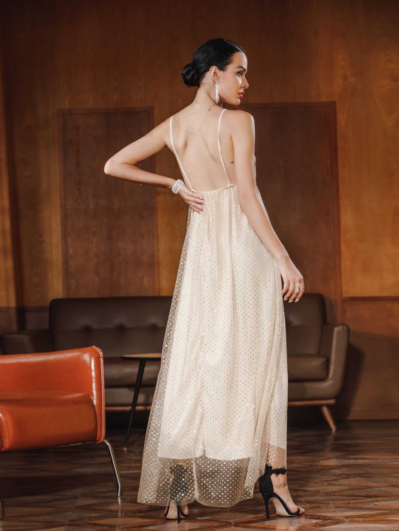Women Glitter Sleeveless Halter V Neck Party Wedding Dress Sai Feel