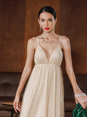 Women Glitter Sleeveless Halter V Neck Party Wedding Dress Sai Feel